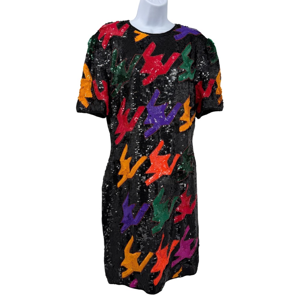 Vtg Laurence Kazar L Dress Black Sequin Multicolor Abstract Silk 80s Pop‎ Art